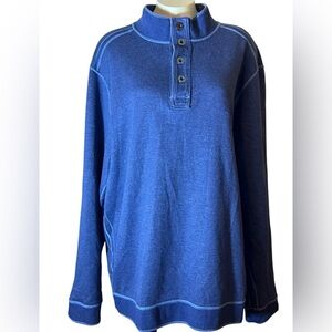 Tommy Bahama Sweater Mens Large Blue Snap Henley Cotton Knit Mock Neck